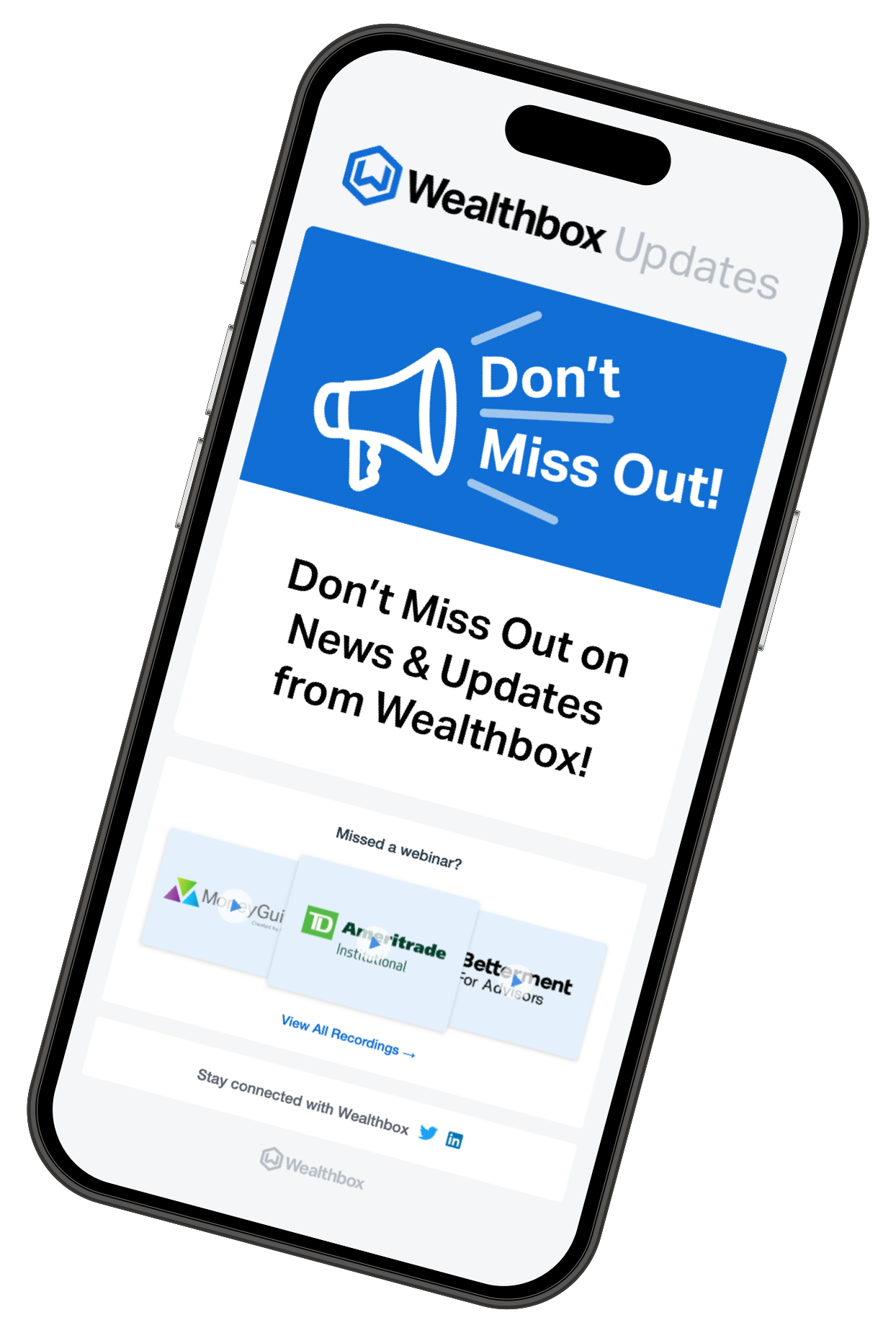 Wealthbox newsletter email on an iPhone 14