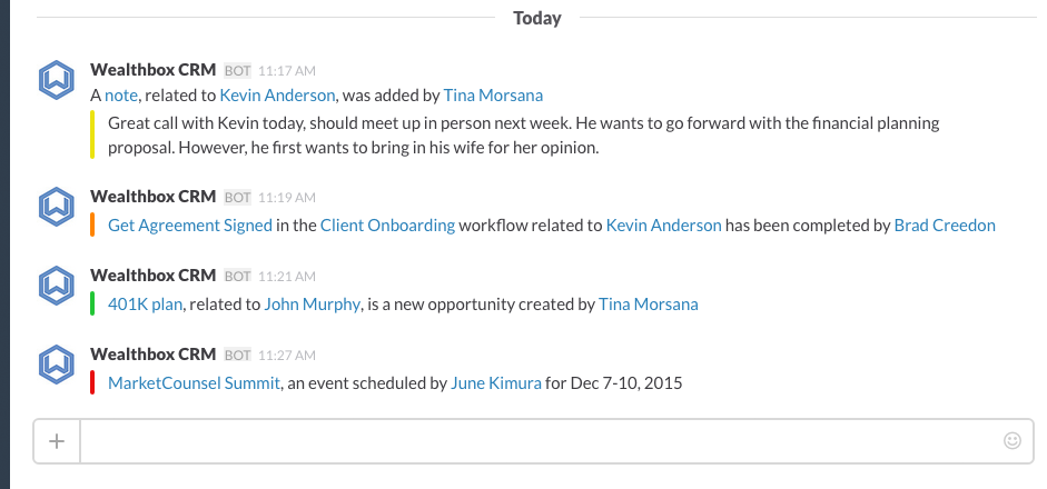 Color-coded CRM update notifications in Slack, from Wealthbox.