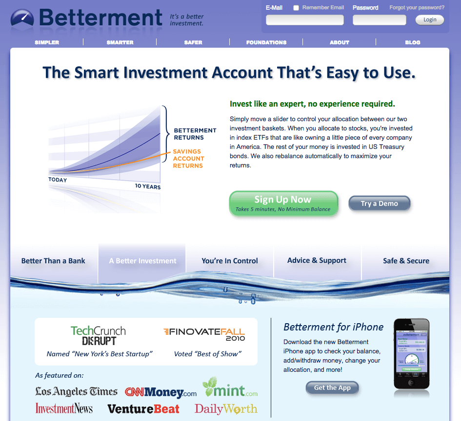 Homepage of Betterment - 2010