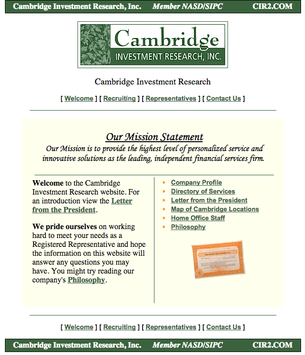Homepage of Cambridge Investment Research - 2001