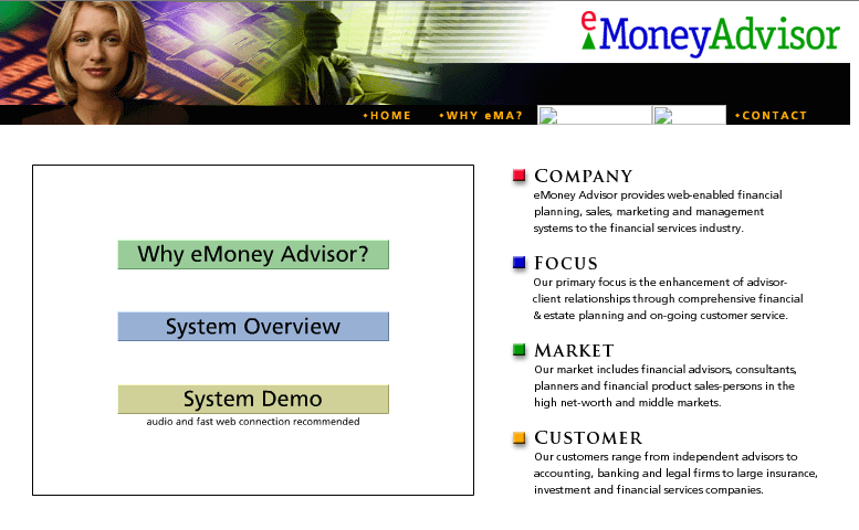 Homepage of eMoney Advisor - 2002