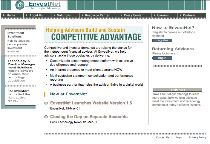 Homepage of Envestnet - 2001