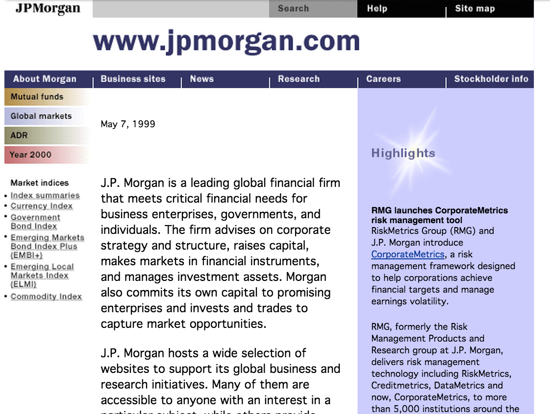 Homepage of JP Morgan - 1999