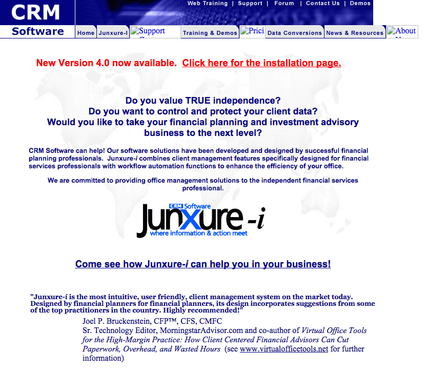 Homepage of Junxure CRM - 2004