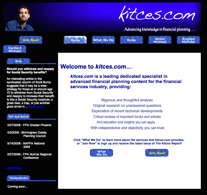 Homepage of Michael Kitces’ Kitces.com - 2008