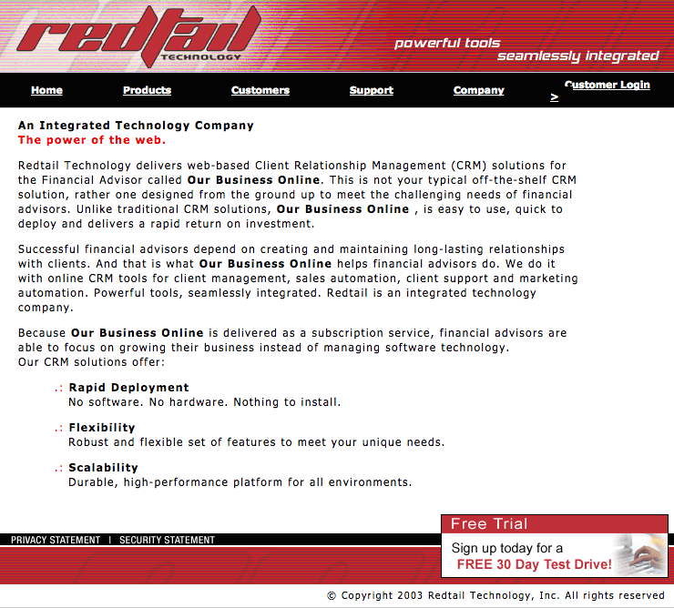 Homepage of Redtail CRM - 2003