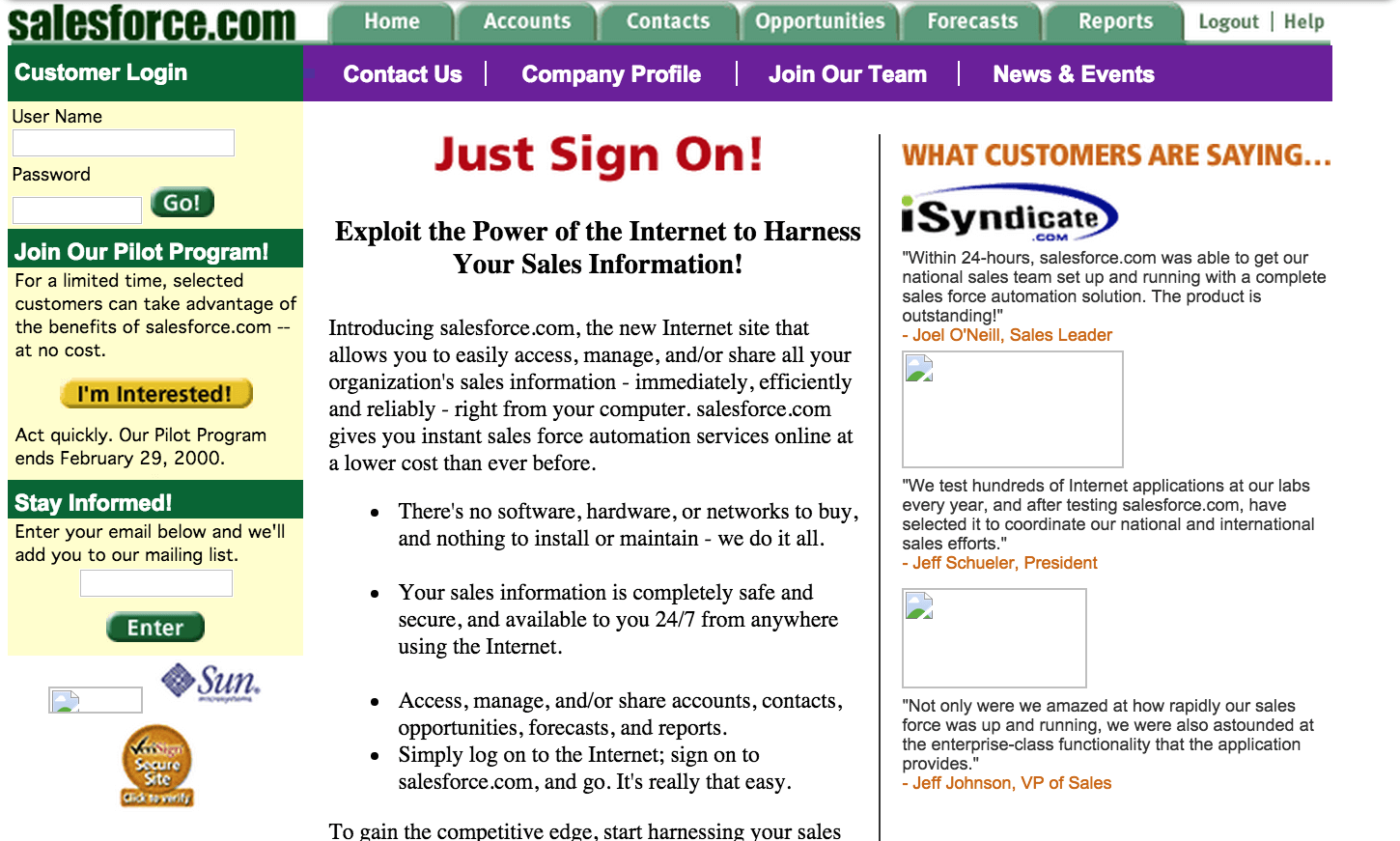 Homepage of Salesforce CRM - 1999