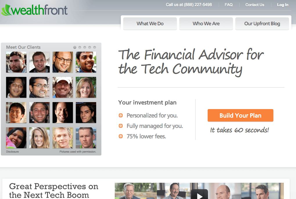 Homepage of Wealthfront - 2012