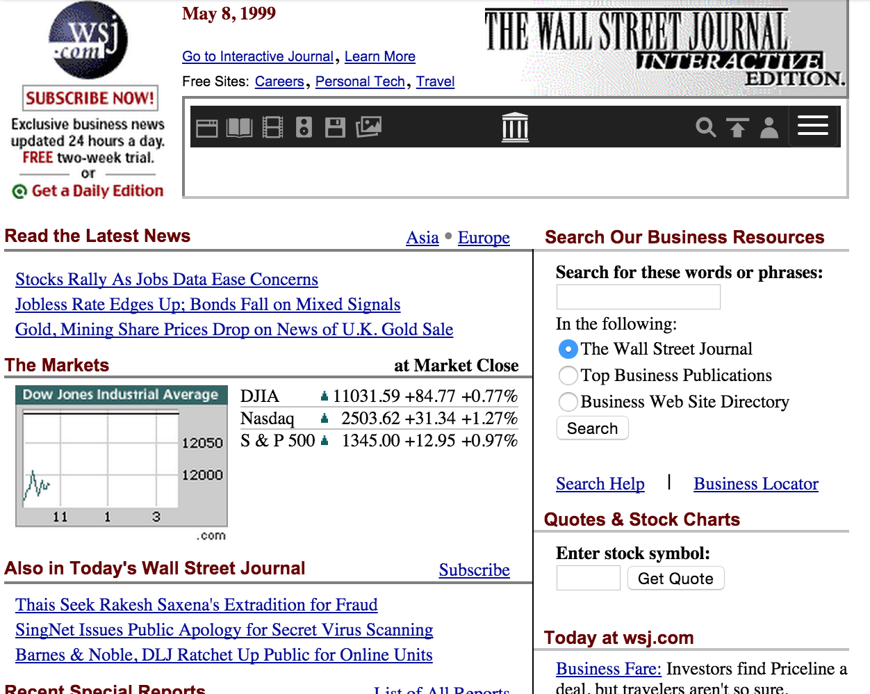 Homepage of Wall Street Journal - 1999