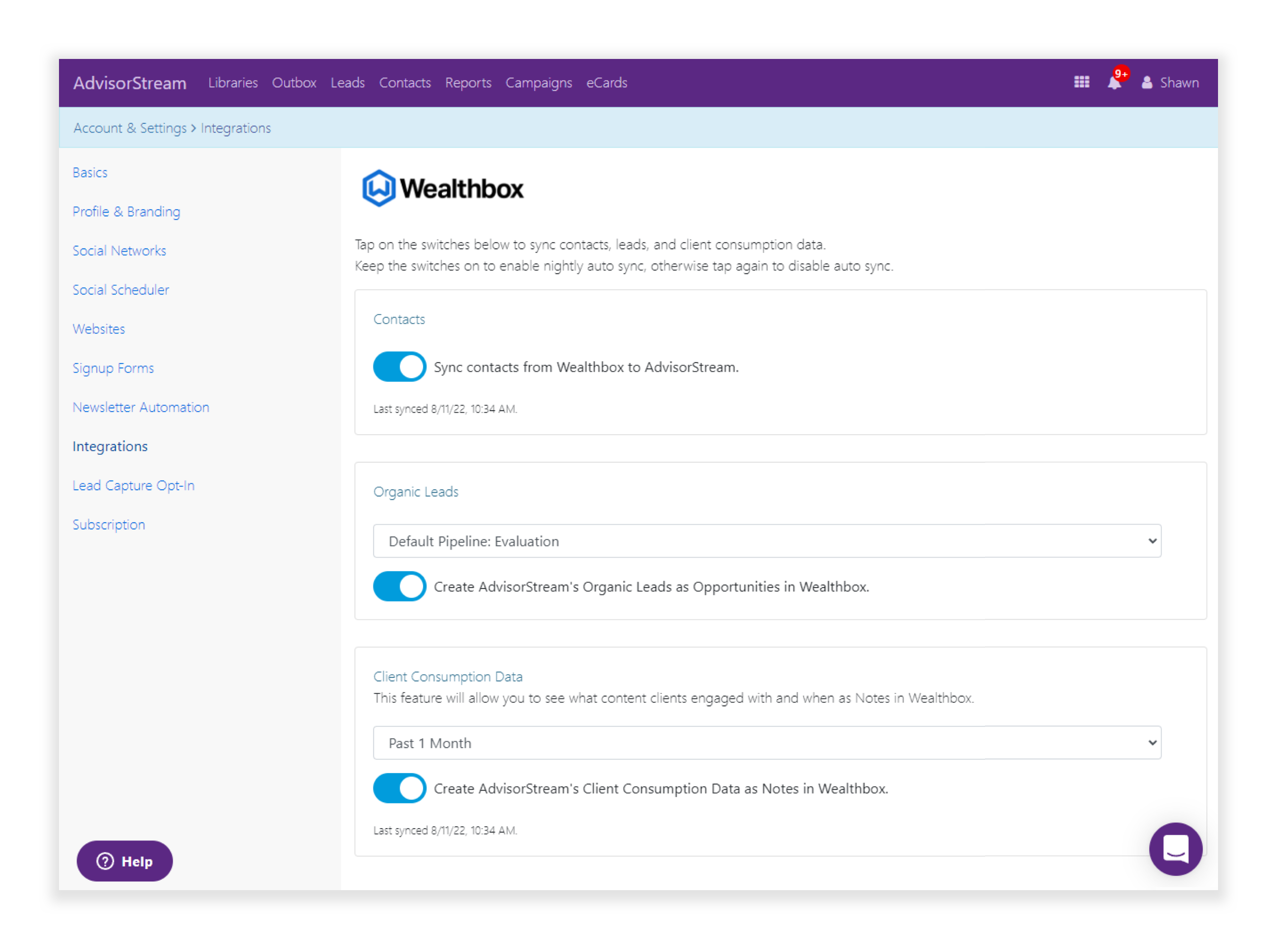Robust integration with Wealthbox lets you manage how leads sync to your account and how much user activity is noted in your CRM.