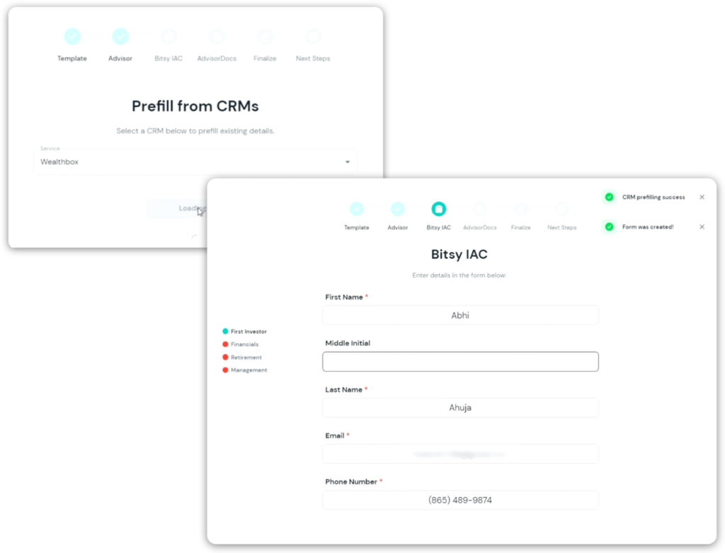 Once you connect Wealthbox and Bitsy, simply add a new client in your Bitsy dashboard to see the integration at work. Bitsy will crawl through the connected Wealthbox account to auto-populate prospect information across all of the enrollment forms in your Bitsy account.