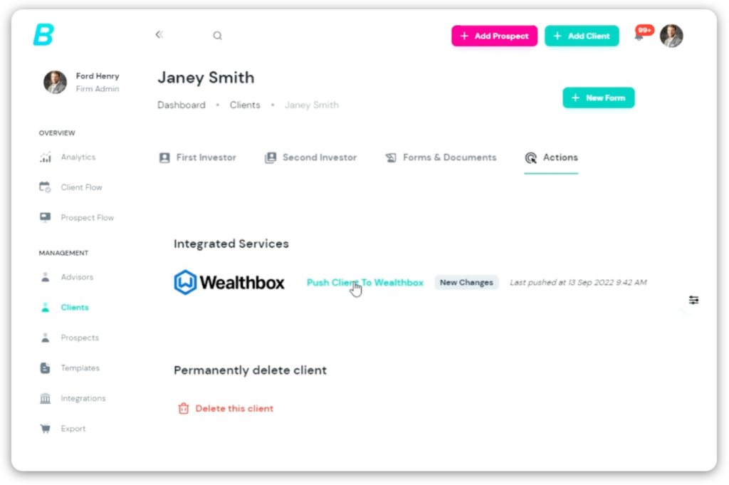 Additionally, as prospects and clients share data through Bitsy forms, advisors now have the ability to push the information back into the Wealthbox dashboard.