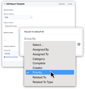 Editing a template report in Wealthbox to group by the priority field.