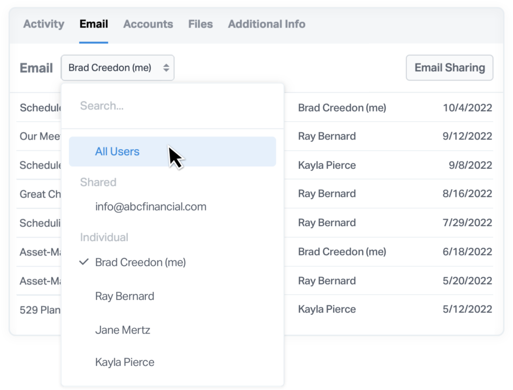 Selecting All Users from the Email dropdown in a Wealthbox contact