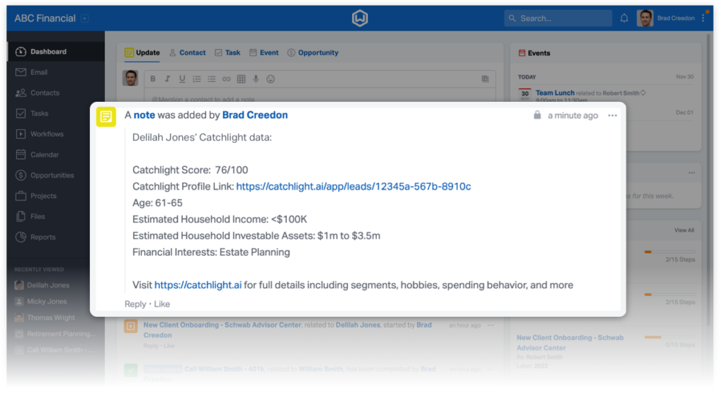 Data insights are then sent back in realtime into Wealthbox and added to the Wealthbox contact record as a note.