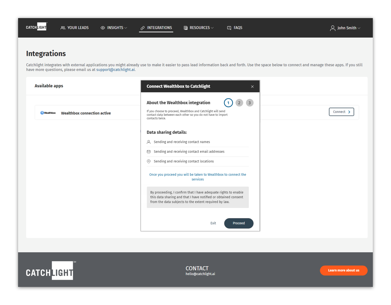 Advisors will set up the Wealthbox connection within the Integrations area of Catchlight. Inside Catchlight, advisors will choose what type of Wealthbox contacts they want to import into Catchlight.