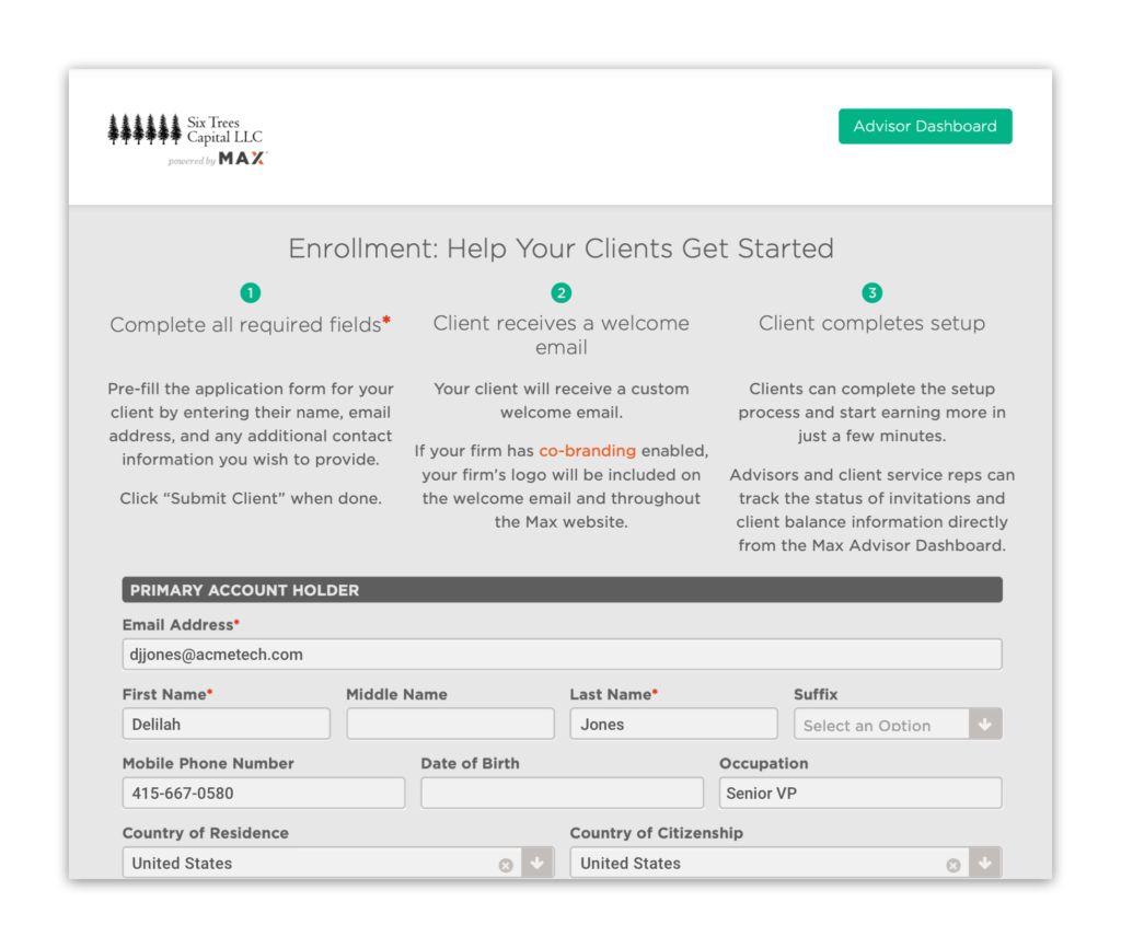Data is pulled from Wealthbox to automatically populate enrollment forms in the Max dashboard.