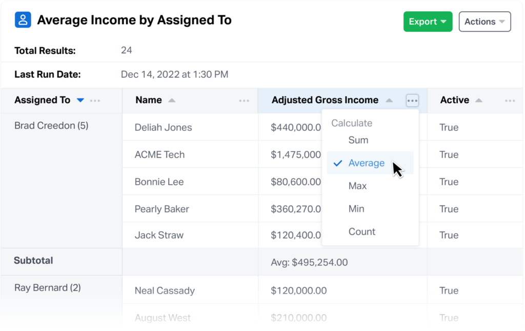 Average Income Report with Calculation Dropdown