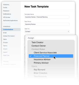 Creating a new task template assigned to the Financial Planner contact role in Wealthbox.