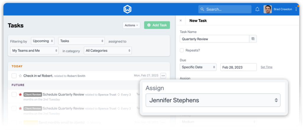 When you create a task from a task template, Wealthbox will assign it to a user based on the template’s criteria. You can always choose to reassign the task if needed.