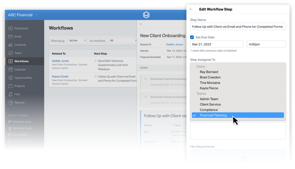 Assigning a team to a workflow step in Wealthbox.