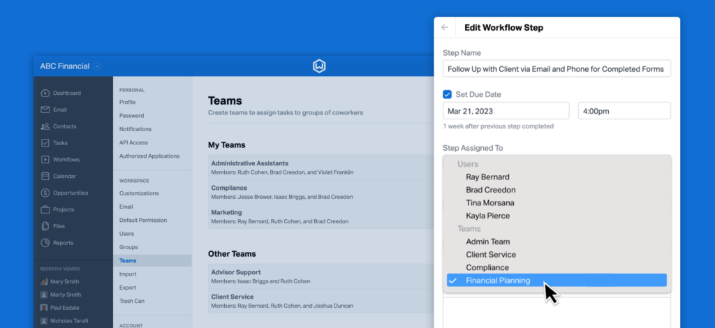 Assign workflow steps to Teams in Wealthbox