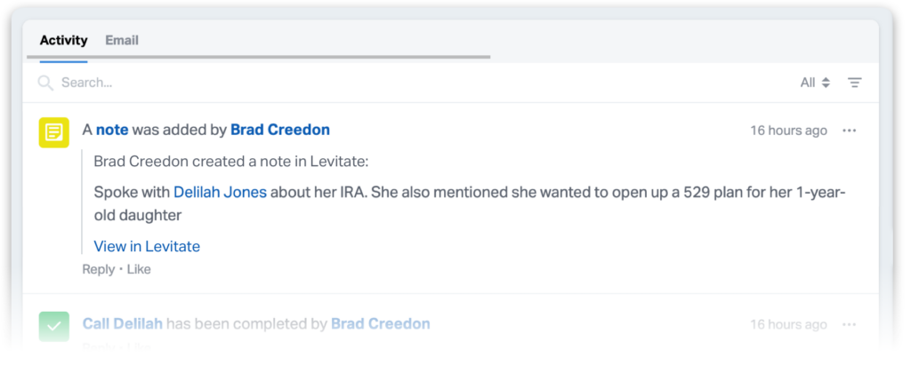 Levitate is then able to push emails, notes, phone calls and text messages back into Wealthbox.