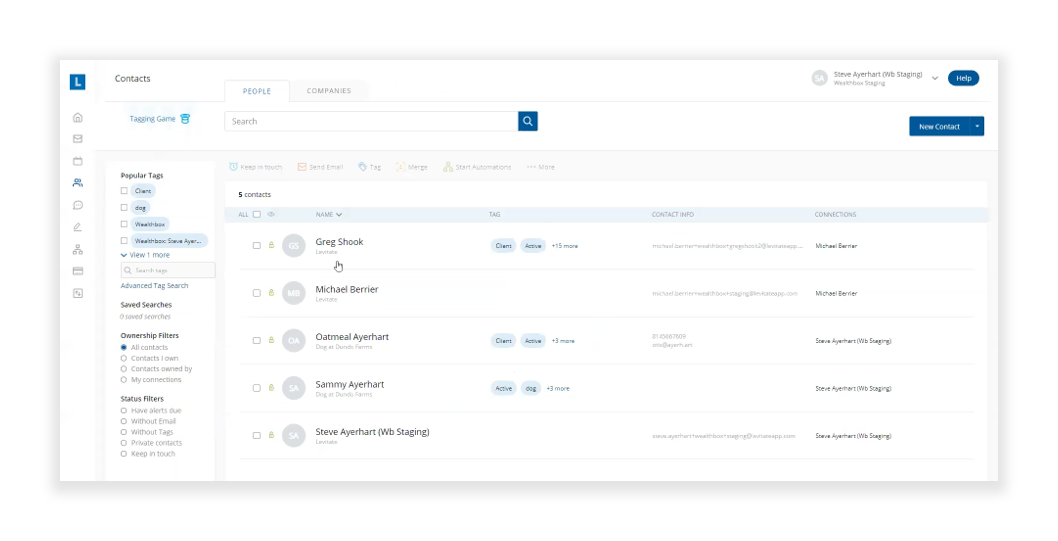 View client contact information and tags within the Levitate dashboard.