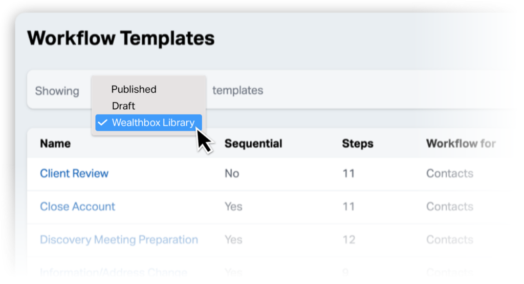 Selecting the Wealthbox Workflow Library on the Workflows screen.