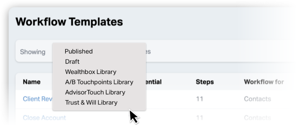 Dropdown of workflow partner libraries in Wealthbox.