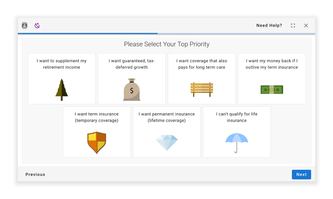 Once the connection is enabled in the integrations area of the BackNine platform, advisors can begin the process of searching for insurance products for their clients that match the clients’ top priorities.