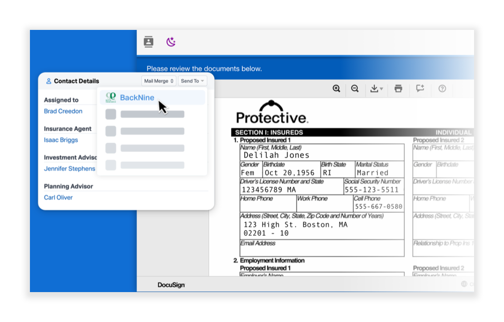 Once a policy is chosen, advisors can start the insurance application workflow and choose the relevant CRM data to send to BackNine using the "Send To" feature on a Wealthbox contact record. BackNine then automatically launches the insurance application in DocuSign.