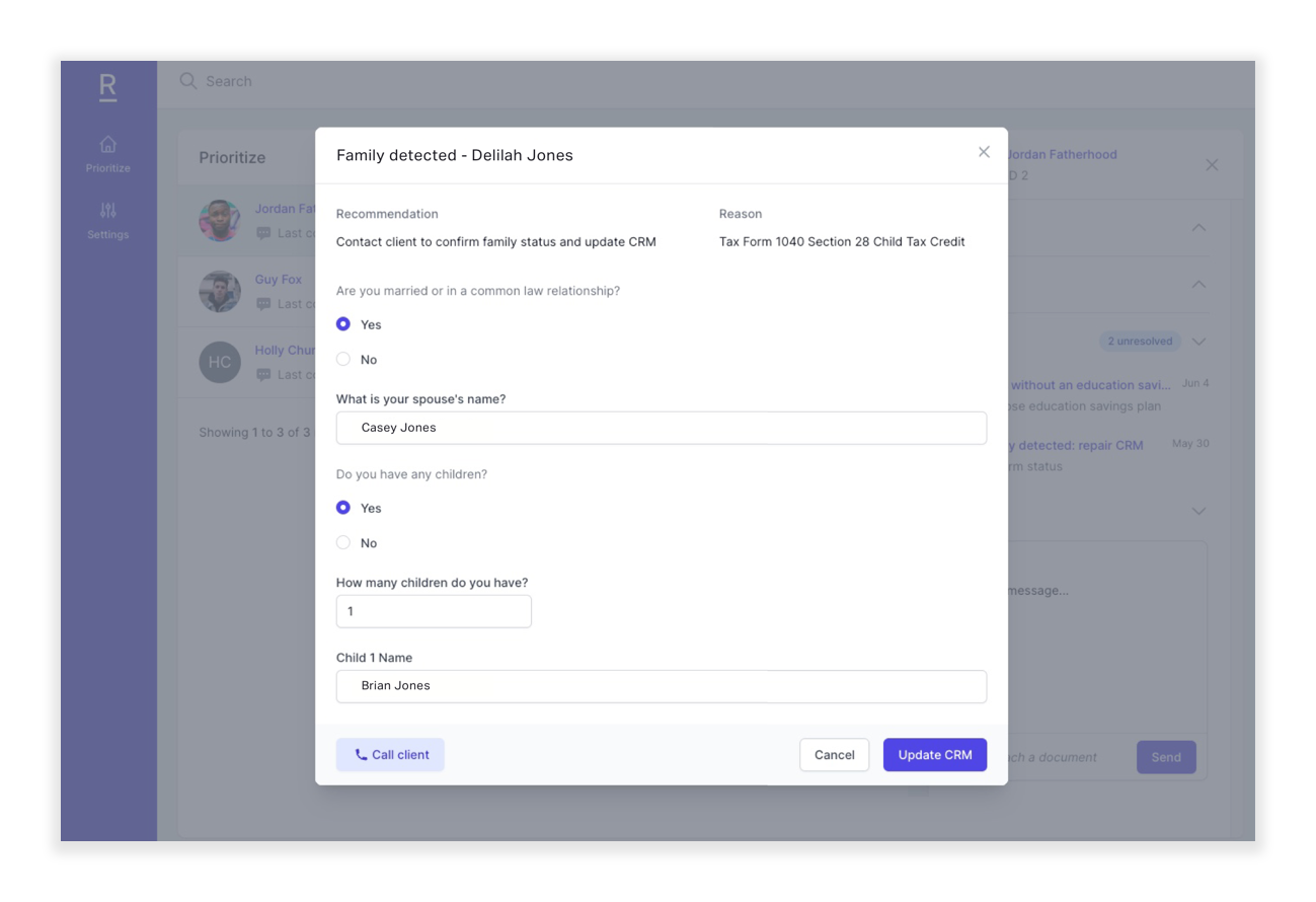 Responsive pulls in Wealthbox contact data, including household information, in real time. Client records and households are then synced between the two platforms. If Responsive detects missing data, it will prompt the user to fill in the blanks.