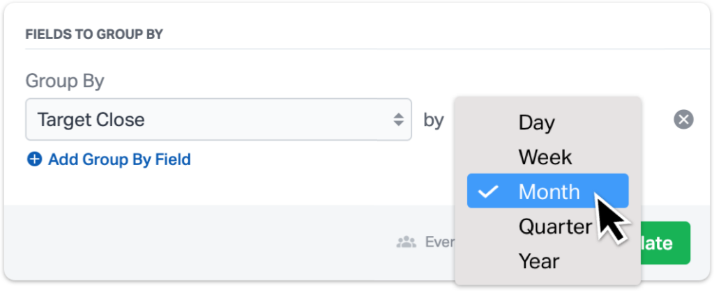 Selecting date type for grouping a report by target close date in Wealthbox.