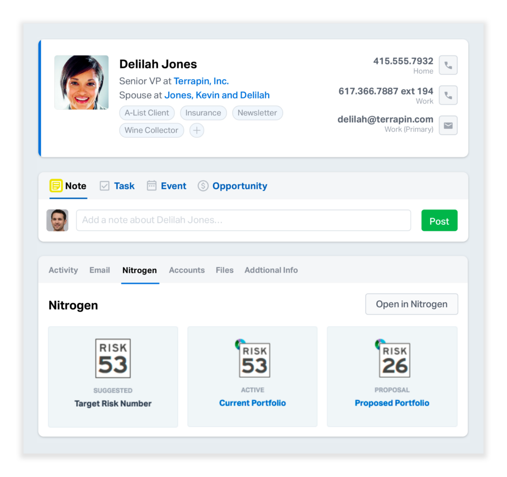 Nitrogen data is shown on the Contact Record in Wealthbox.