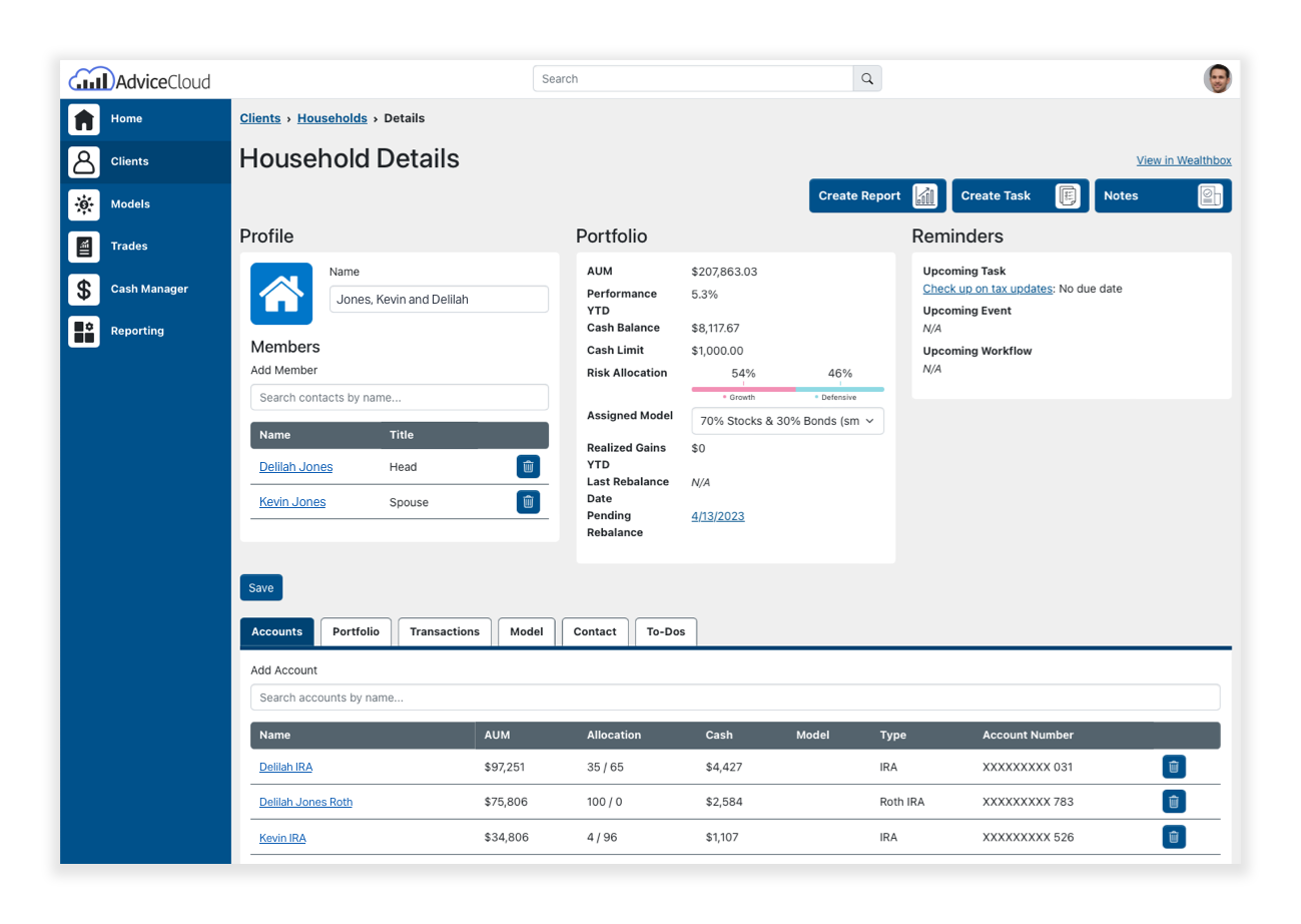 View, edit and create tasks, notes, and workflows within AdviceCloud alongside client portfolio information. Data syncs seamlessly between Wealthbox and AdviceCloud.