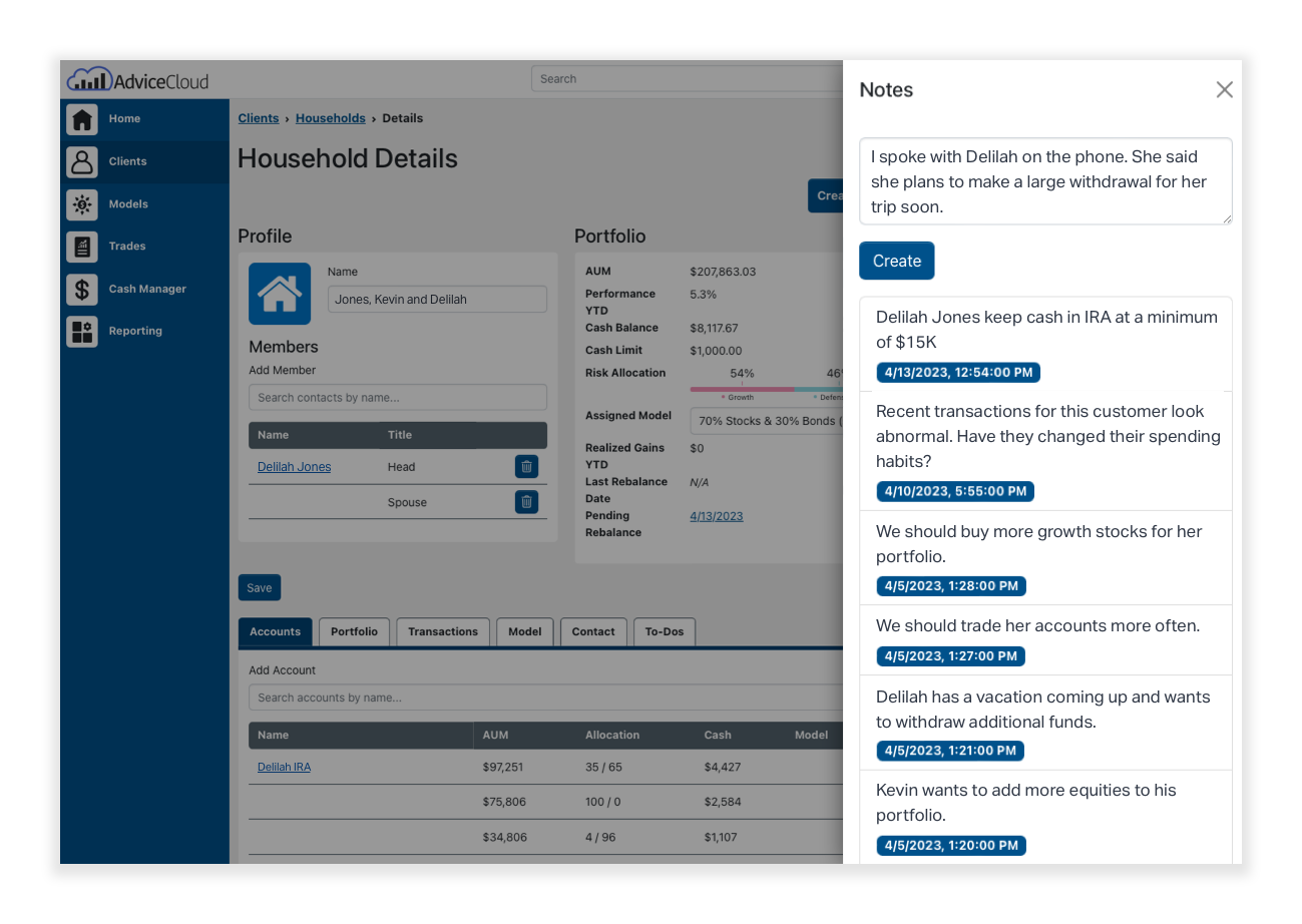 Quickly view and create your Wealthbox notes from anywhere in AdviceCloud