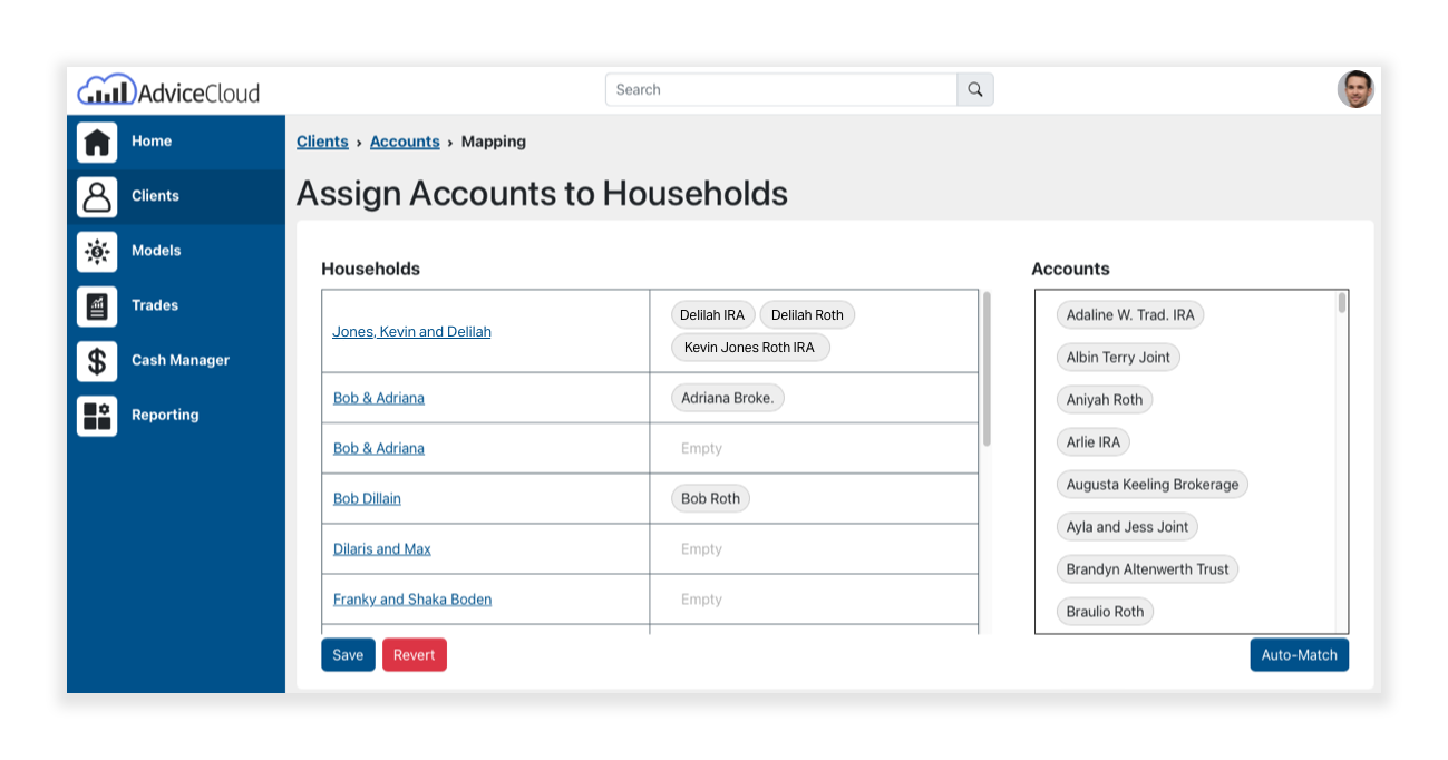 Import Wealthbox households and contacts in seconds to expedite AdviceCloud onboarding. AdviceCloud will auto-match your Wealthbox households to your custodian data – saving you time and labor.