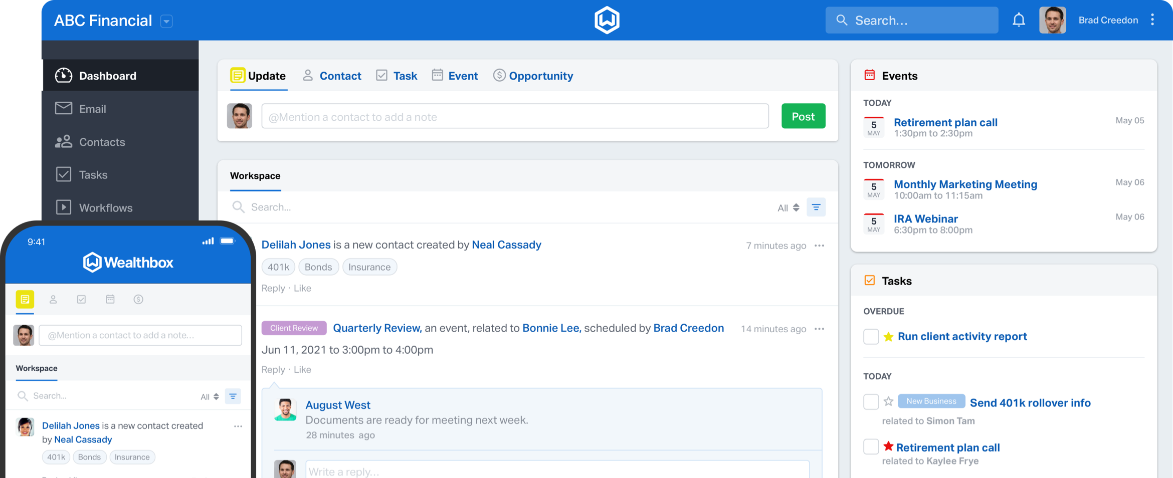 Wealthbox mobile and desktop app screenshots.