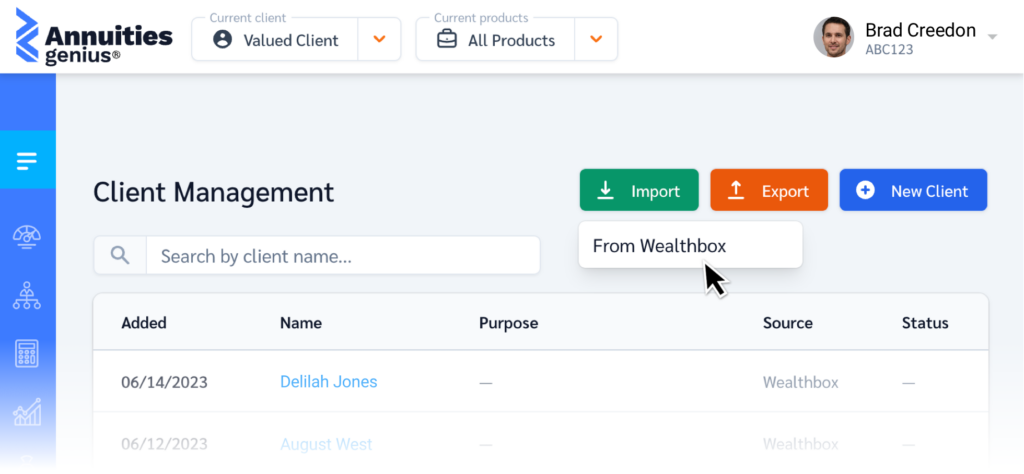The Annuities Genius dashboard with some Wealthbox contacts already imported.