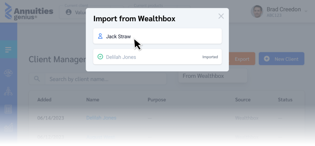 Selecting contacts to import into Annuities Genius from Wealthbox.