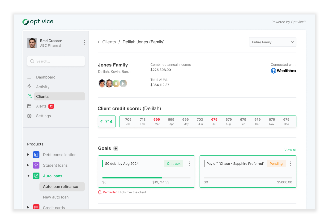 With the Optivice + Wealthbox integration, advisors can now get the full picture of their client's outstanding debt, and plan goals, refinance options, credit score enhancement, and a suite of related products, all in one place.