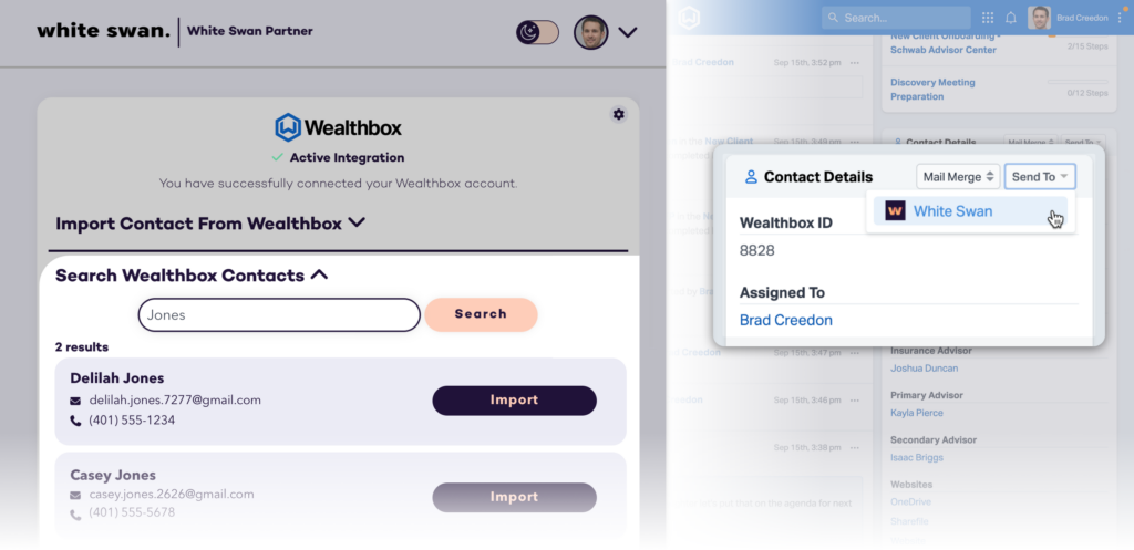 Integrating Wealthbox contacts with White Swan