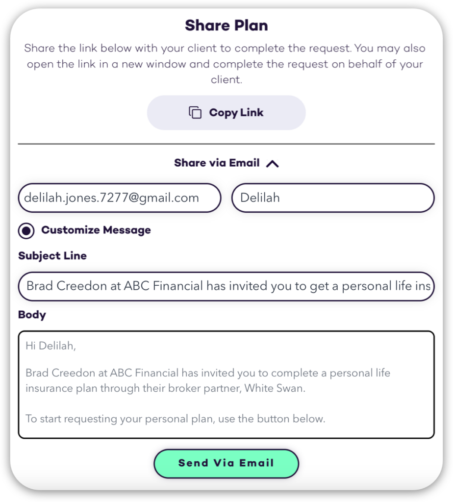 Sharing a life insurance plan request from White Swan