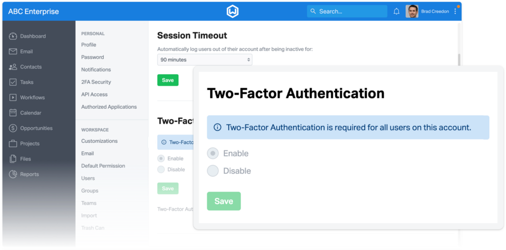 Two-factor authentication enforced for all workspaces.