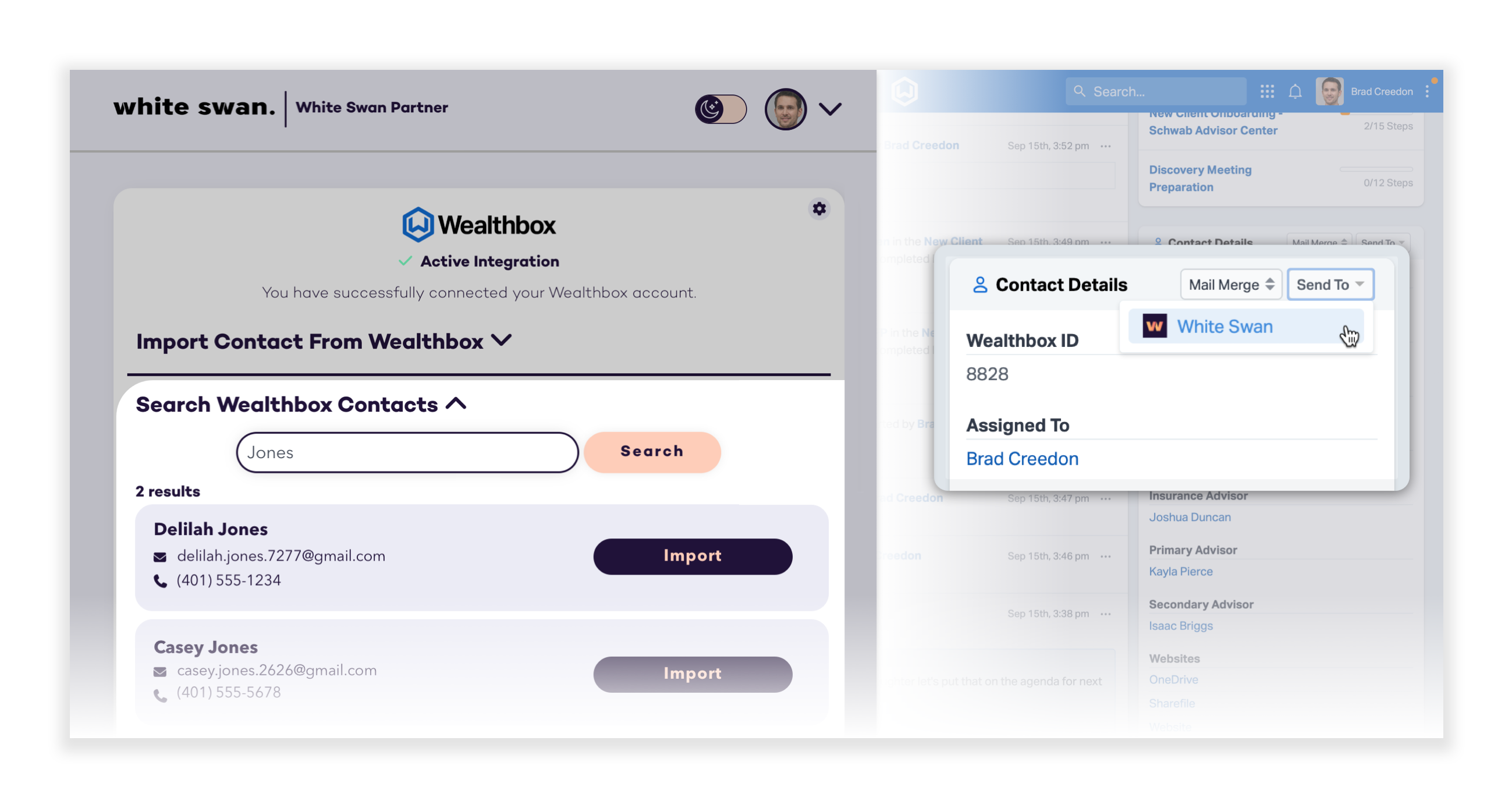 You can send a contact from Wealthbox directly to your White Swan account. Imported contact information is used to start plan requests and pre-fill client applications.