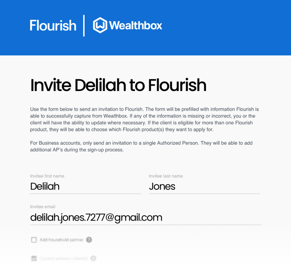 Inviting a Wealthbox client to Flourish.