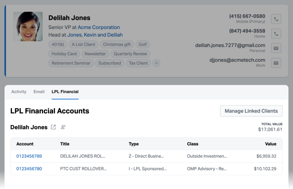 LPL Financial accounts displayed in a Wealthbox Contact Record.