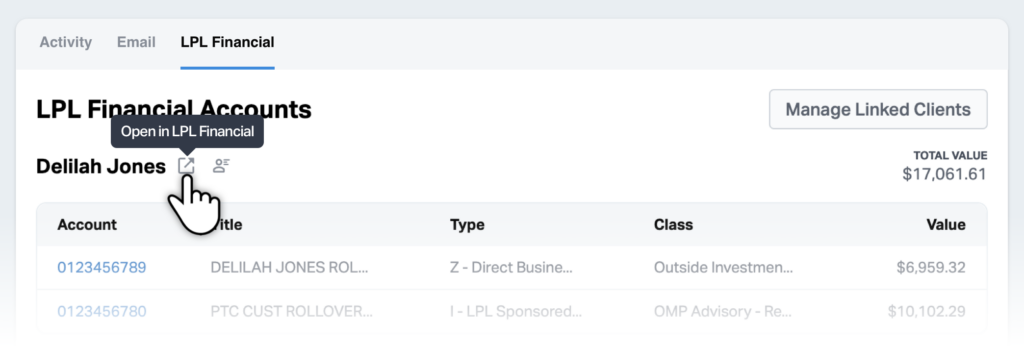 The "Open in LPL Financial" button inside of a Wealthbox Contact Record.