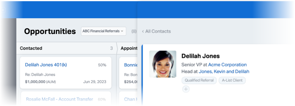 A referral from ReferTrac automatically added to the opportunity pipeline in Wealthbox. The contact record for the referral shows a "qualified referral" tag.